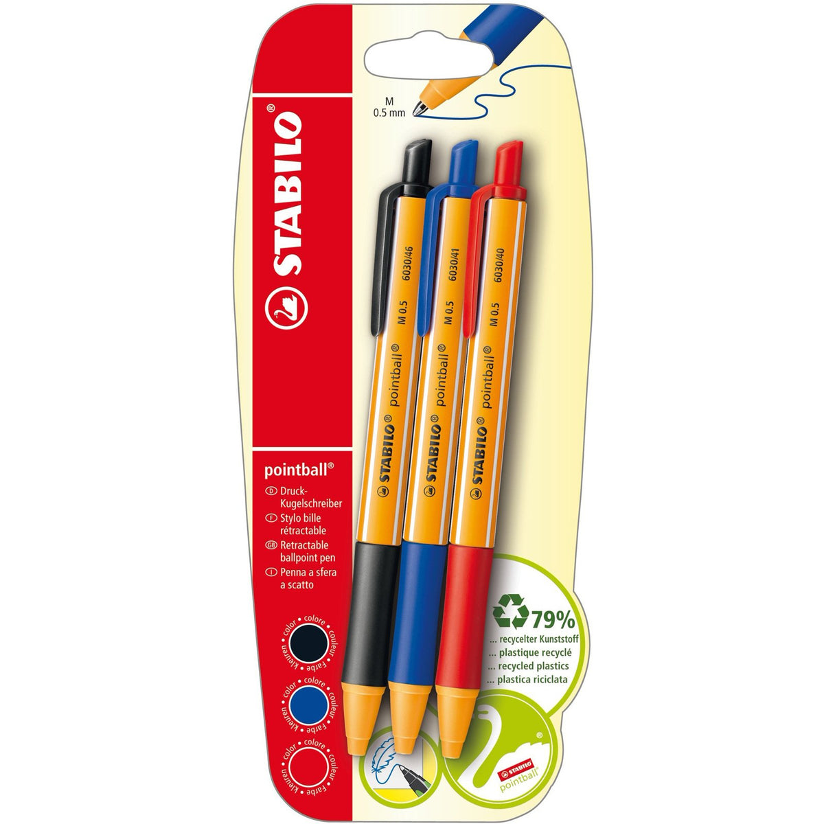 Penna a Sfera Ecosostenibile - STABILO pointball - 79% Plastica Riciclata -  Pack da 3 - Nero/Blu/Rosso